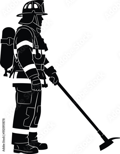 Firefighter in Protective Gear Holding Axe Silhouette Vector Illustration Isolated