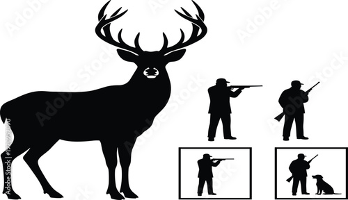 Set of black silhouettes of a large buck deer and hunters with rifles and dog, cad drawing flat vector illustration for hunting design