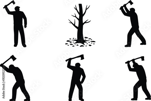 Lumberjack cutting tree with axe silhouettes collection, woodcutter worker chopping timber concept vector illustration isolated on white background for forestry design