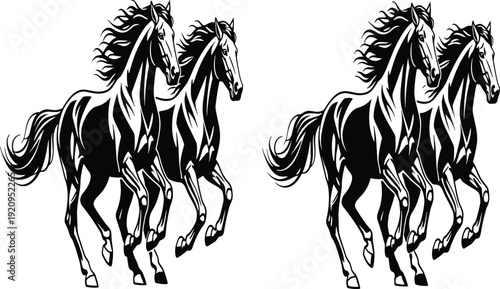 Set of black wild horse silhouettes running together isolated on white background, cad drawing flat vector illustration of stallions for graphic nature design