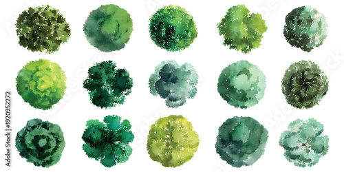 Watercolor set of top view green trees bush  landscape plan architectural maps environmental isolated on transparent background