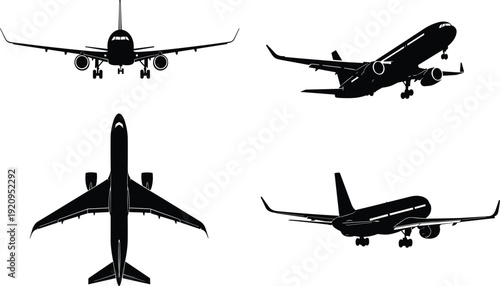 Set of commercial airplane silhouettes showing front view top down view takeoff and landing perspectives isolated on white for cad drawing flat vector illustration
