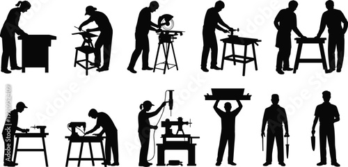 Professional carpenter and industrial worker silhouette collection with woodworking, cutting and machining tasks, construction and manufacturing vector illustration isolated on white