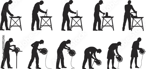Professional carpenter and woodworker silhouette set operating circular saw and workshop tools, industrial woodworking process vector illustration isolated on white background