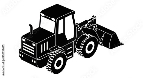 Heavy-duty front loader construction vehicle in isometric black and white illustration.