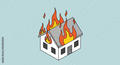 House on fire with flames engulfing the roof and windows.