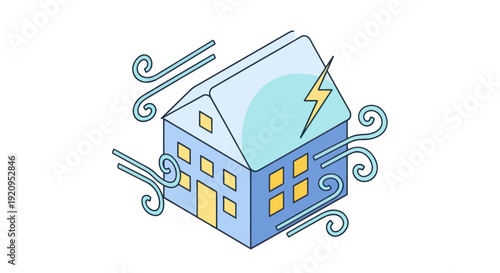 Illustration of a house experiencing a storm with wind and lightning.