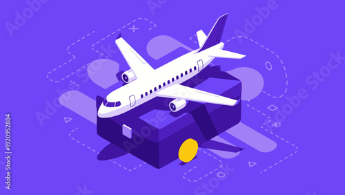 Isometric Airplane on a Suitcase Representing Travel and Business.