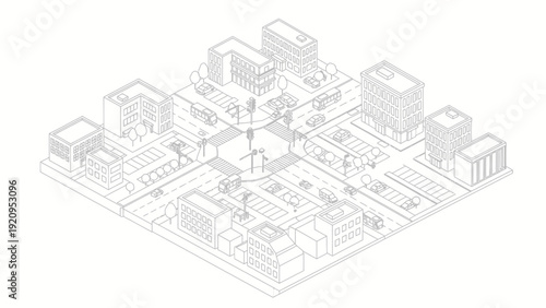 Isometric city map with buildings and streets in a minimalist line art style.