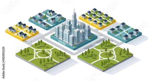Isometric Cityscape with Residential Areas and Parks.