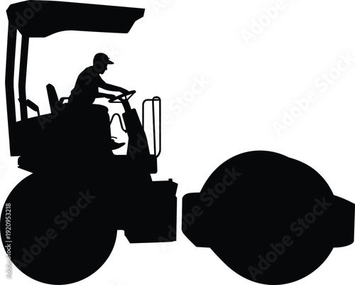 Road roller operator silhouette vector illustration, heavy construction compactor machine for asphalt paving and roadwork equipment isolated on white background