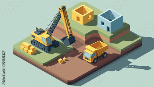 Isometric Construction Site with Excavator and Dump Truck Building Houses.