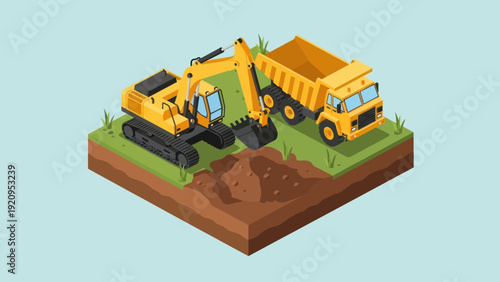 Isometric Construction Site with Excavator and Dump Truck Working on Dirt Pile.