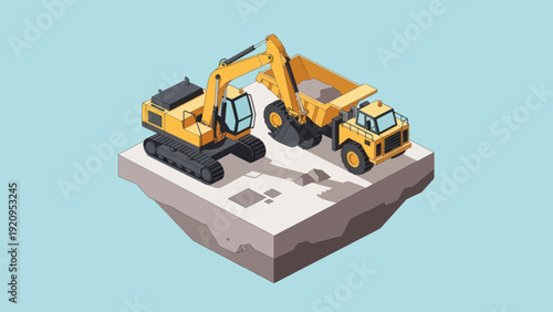 Isometric Construction Site with Excavator and Dump Truck Working Together.