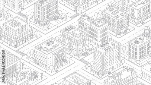 Isometric Cityscape Outline Drawing with Detailed Buildings and Streets.