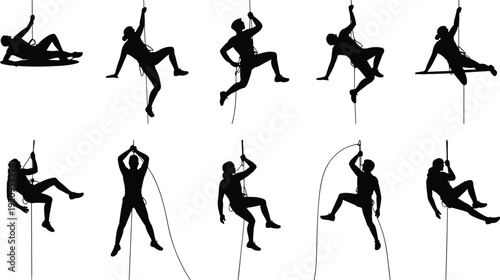 Rope access worker silhouette collection, industrial climber and mountaineer rappelling vector illustration set isolated on white background for safety and adventure design