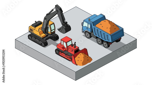 Isometric Construction Site with Heavy Machinery and Dump Truck.