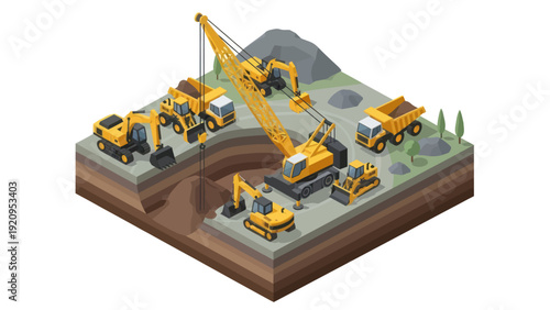 Isometric Construction Site with Heavy Machinery and Excavation Work.