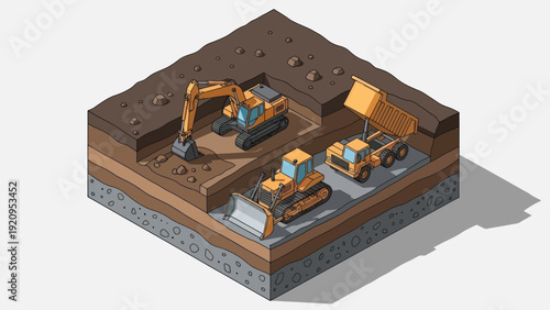 Isometric Construction Site with Heavy Machinery Excavating Ground.