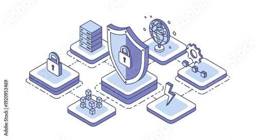 Isometric Cybersecurity Concept with Shield and Connected Data Elements.
