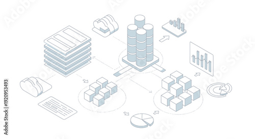Isometric Data Center and Cloud Computing Network Illustration.