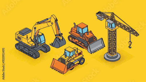 Isometric Construction Vehicles and Crane on Yellow Background.