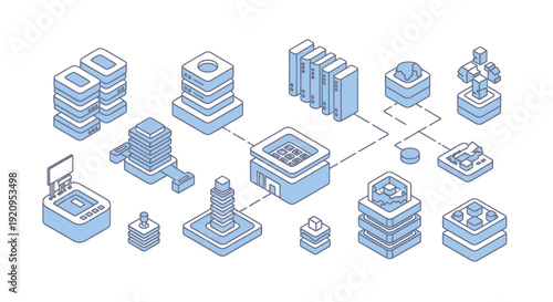 Isometric Data Center and Server Infrastructure Network.