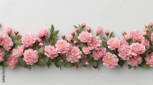 Beautiful Pink Flower Arrangement with Blooming Roses and Lush Green Leaves on Soft White Background for Elegant Decor and Design Projects