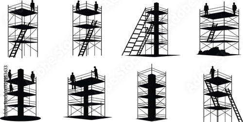 Scaffolding tower silhouettes with workers, construction platform structures, industrial safety access systems, building site equipment, black vector illustration, engineering maintenanc