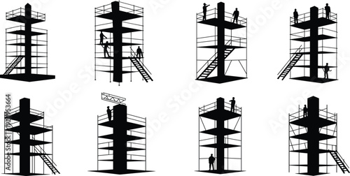Scaffolding tower silhouettes with workers, industrial construction platforms and ladders, safety access structures, building site engineering maintenance, black vector illustration