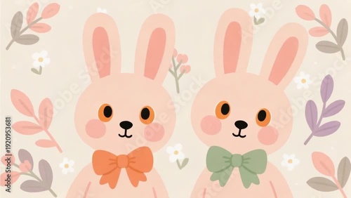 Two cartoon bunnies with bow ties standing together surrounded by flowers