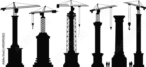 Tower crane silhouette set constructing monumental columns, industrial construction and heavy lifting equipment vector illustration isolated on white background