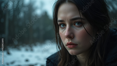 Portrait captures the somber expression of a saddened Caucasian woman. The melancholic atmosphere adds depth to the scene, portraying a moment of contemplative emotion.