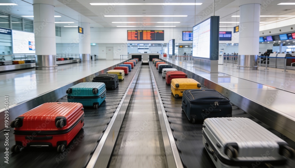 Obraz premium A spacious, modern airport baggage claim hall featuring two parallel conveyor belts moving many colorful suitcases.