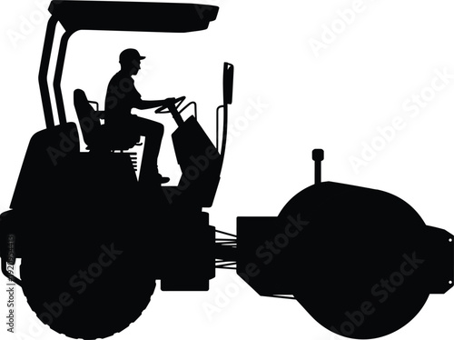 Vibratory road roller operator silhouette vector illustration, heavy asphalt compactor machine for highway construction and infrastructure paving equipment isolated on white background