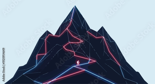 Abstract Mountain Peak with Glowing Winding Path and Tiny Hiker Concept for Success and Journey