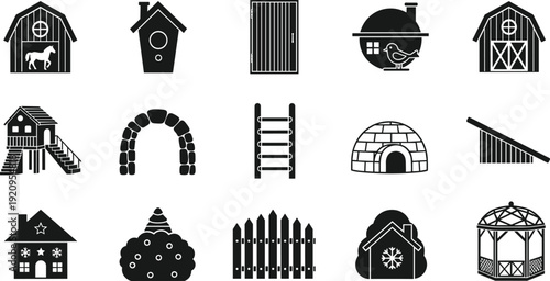 Black and white building icons, architectural silhouettes, barn, birdhouse, igloo, gazebo, treehouse, fence, door, minimal design vector illustration