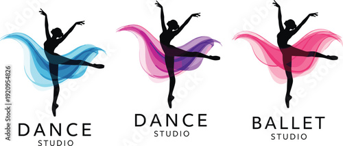 Ballet dancer silhouette logo set, colorful flowing ribbon design, dance studio branding vector illustration isolated on white background
