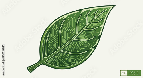 Green leaf with electronic circuit board traces for eco-friendly technology and bio-engineering concept