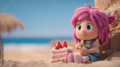 Cute animated character with pink hair enjoying a slice of strawberry cake on a sunny beach with ocean waves in the background, cheerful summer scene for kids