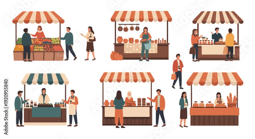 Farmers market stalls and kiosks set with vendors and shoppers. Modern flat vector illustration collection.