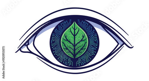 Eye Illustration with Green Leaf and Digital Circuitry for Environmental Technology Concept