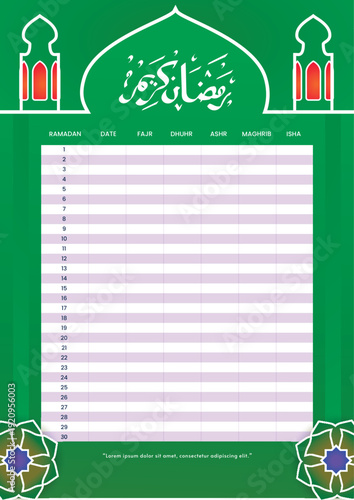 Ramadan Kareem Prayer & Fasting Schedule Chart – Islamic Calligraphy and Daily Salah Timetable