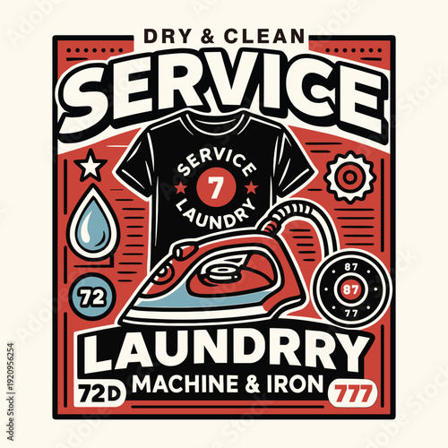 Retro Laundry Service Emblem with Iron Appliances