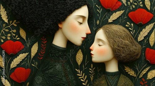 ic illust n of two stylized female profiles in quiet contemplation embraced by a dark tapestry of vibrant red poppies intricate gold foliage and delicate botanical elements