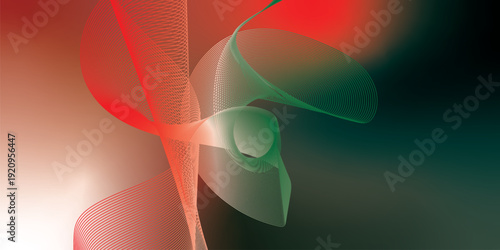 Dark textured grainy background with vibrant red, green and white luminous abstract gradient waves flowing softly with blurred glow for modern header, poster and wide banner layout