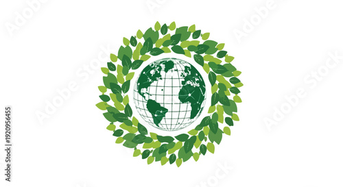 Green leaf wreath surrounding Earth globe icon for sustainability and global environment concept