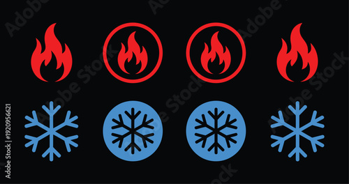 Fire and snowflake temperature icon vector illustration, hot and cold settings symbol for climate control, heating, cooling, thermostat systems, weather indicators, and modern UI design