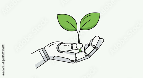 Robotic Hand Holding Small Green Plant Sprout for Sustainability and Technology Concept