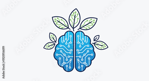Eco-friendly Artificial Intelligence Brain with Circuit Board and Green Leaves Vector Illustration isolated on White